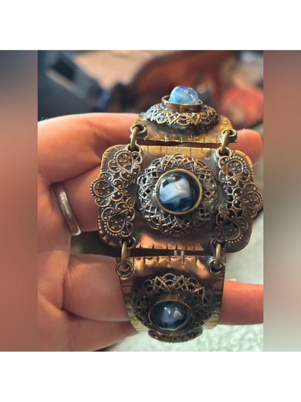 c.1930’s Art Deco Brass Filigree + Hand-Marbled Czech Glass Bracelet • Rare - Picture 14 of 16